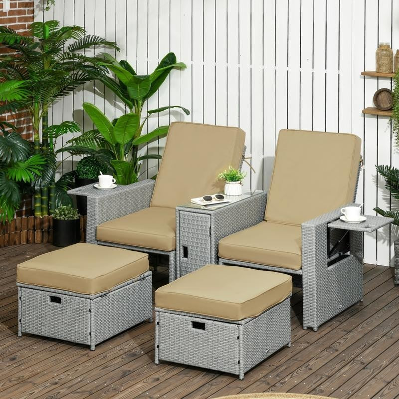 5PC PE Rattan Recliner Sofa Bed Set Lounger Footstools Side Table Patio