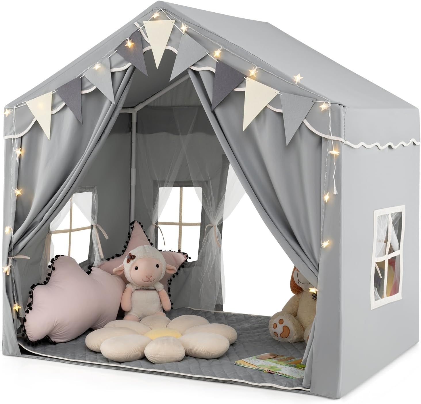 Kids Play Tent Castle Indoor w/ Star Lights Mat Windows Boys Girls Gift