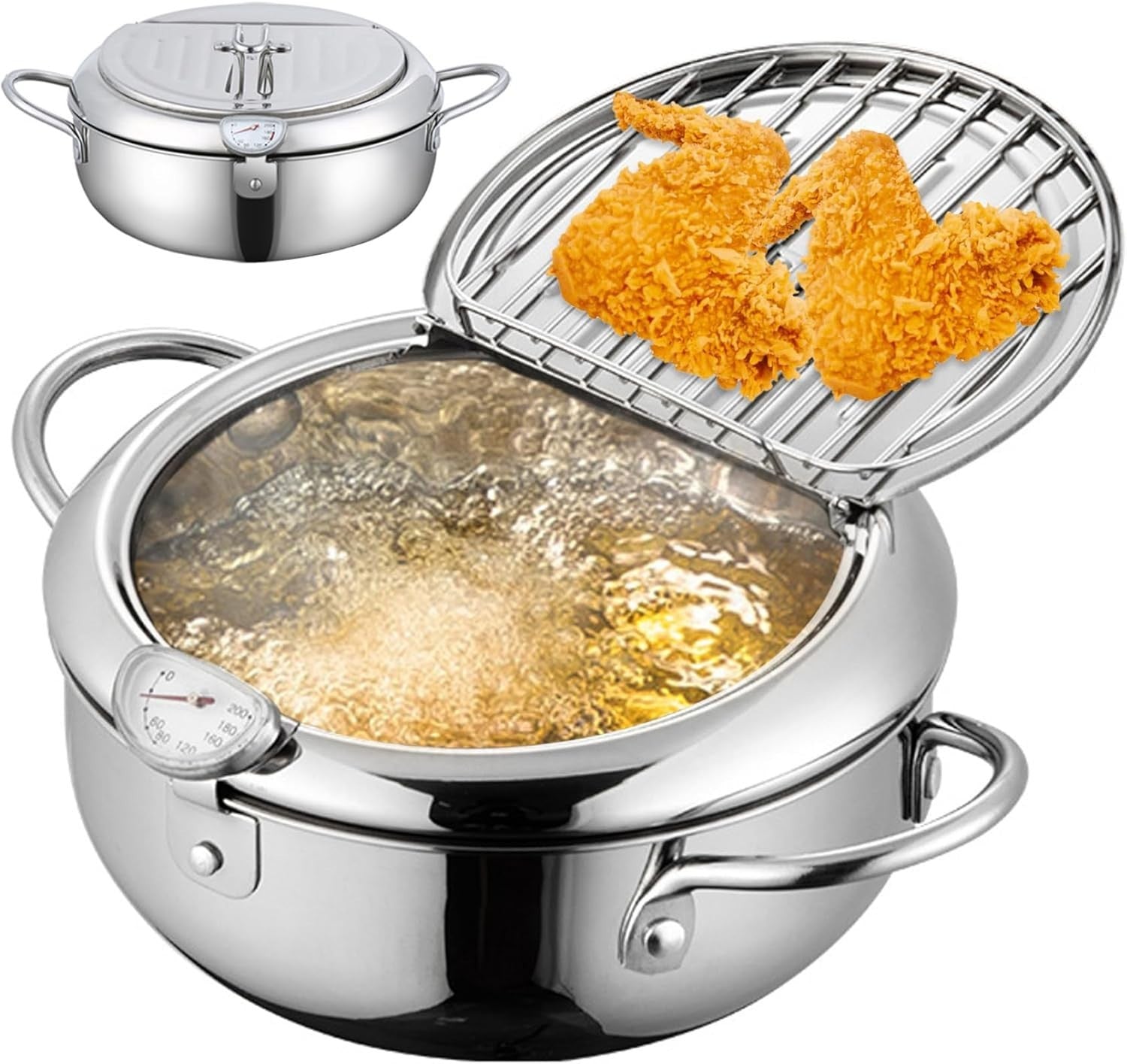 4.2L Stainless Steel Tempura Fryer Pot 11'' Thermometer Oil Drip Rack