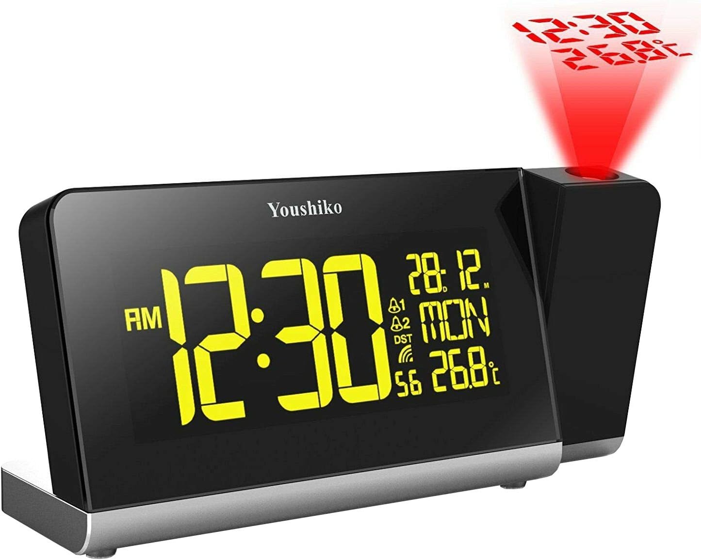 Black Projection Alarm Clock Radio Control LED Display Dual Alarm
