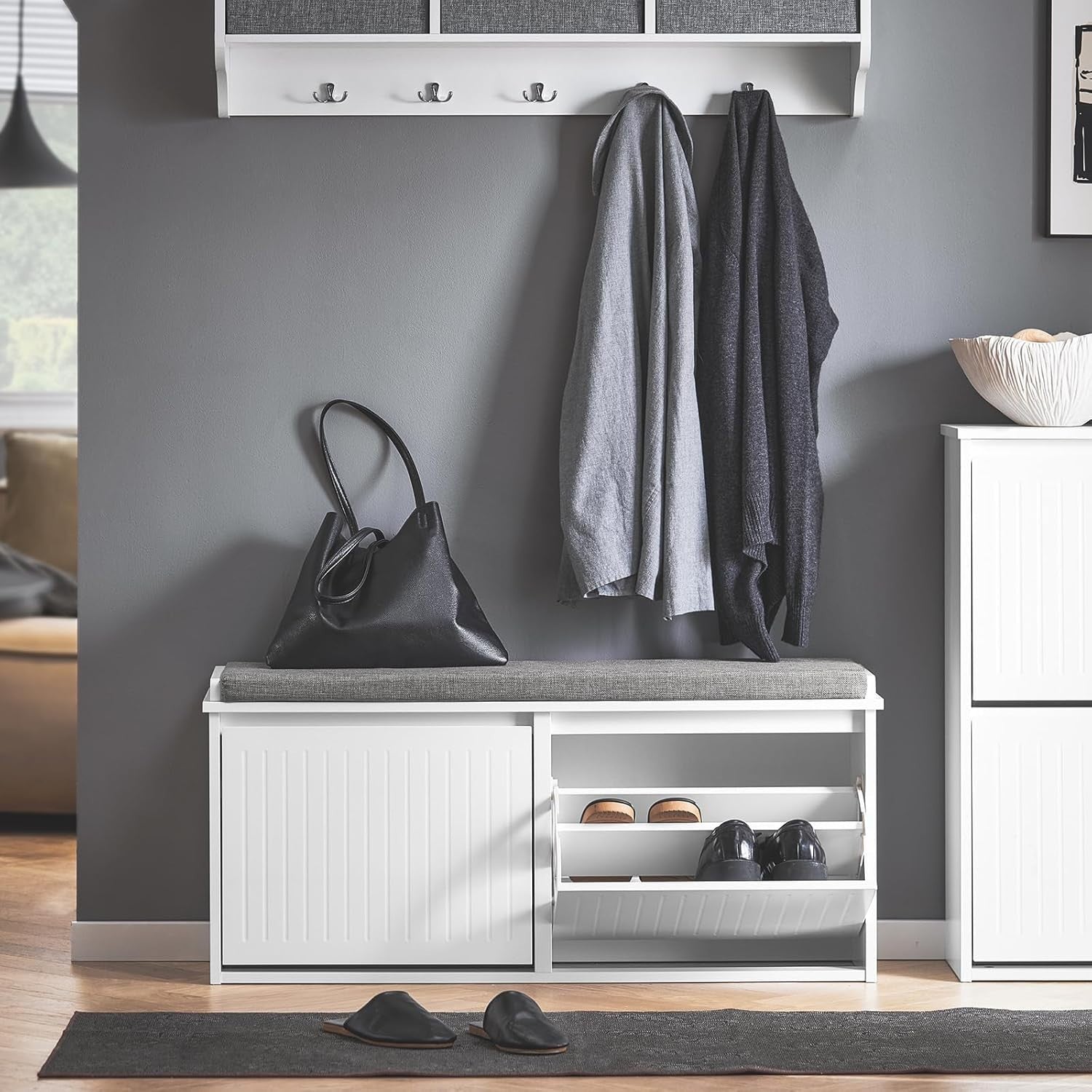 White Shoe Storage Bench with Cushion – 2 Flip Drawers, Space Saver Seat