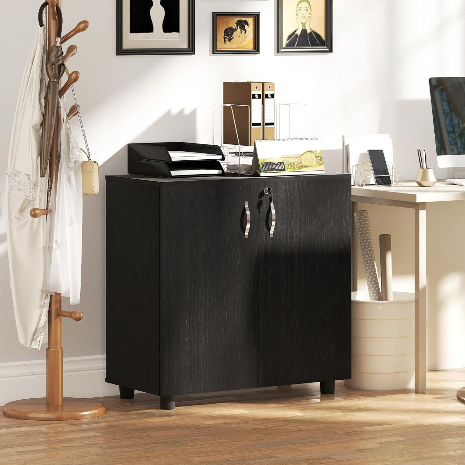 Black Lockable Storage Cabinet 80x40x80cm 2 Shelf Office Cupboard