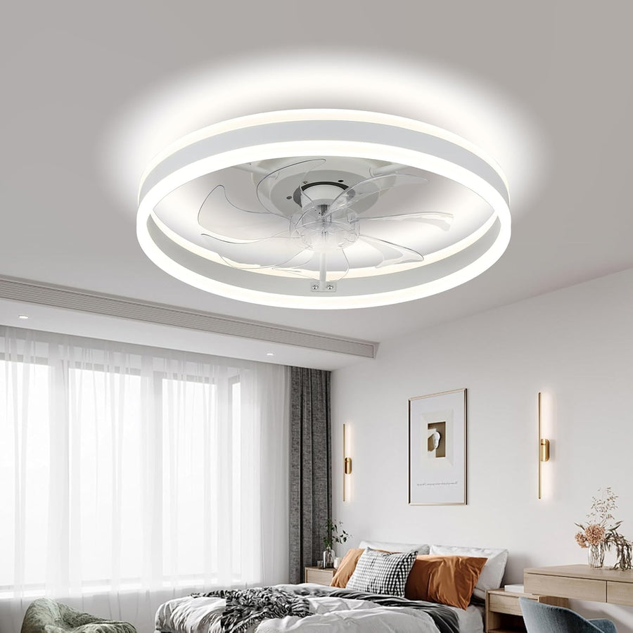 20" Modern Ceiling Fan with Light, Dimmable, 6 Speeds, White