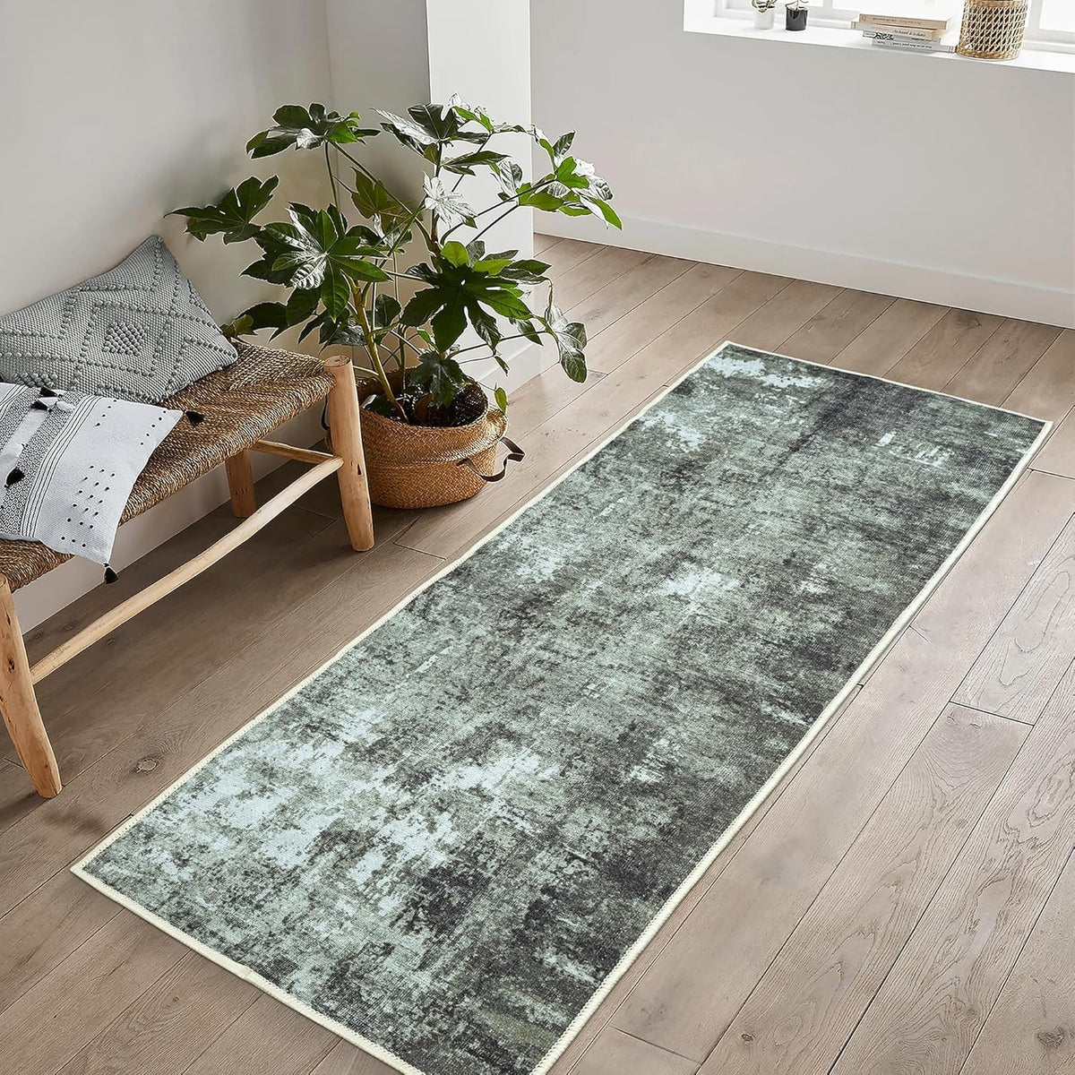 Washable Runner Rug 60x240cm Non-Slip Botanic Green Hallway Kitchen Bedroom