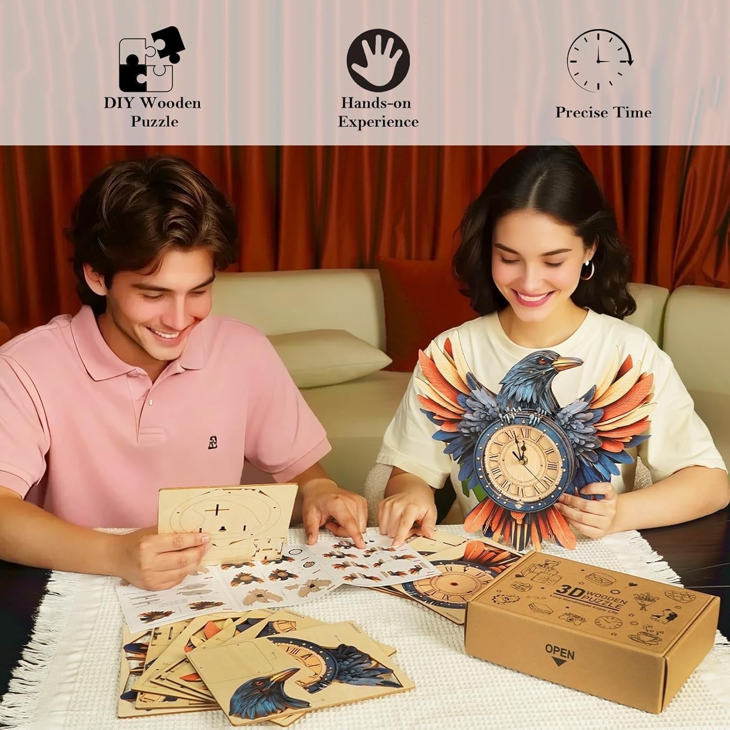 3D Wooden Crow Clock Kit – DIY Wall Clock with Pendulum & Chime