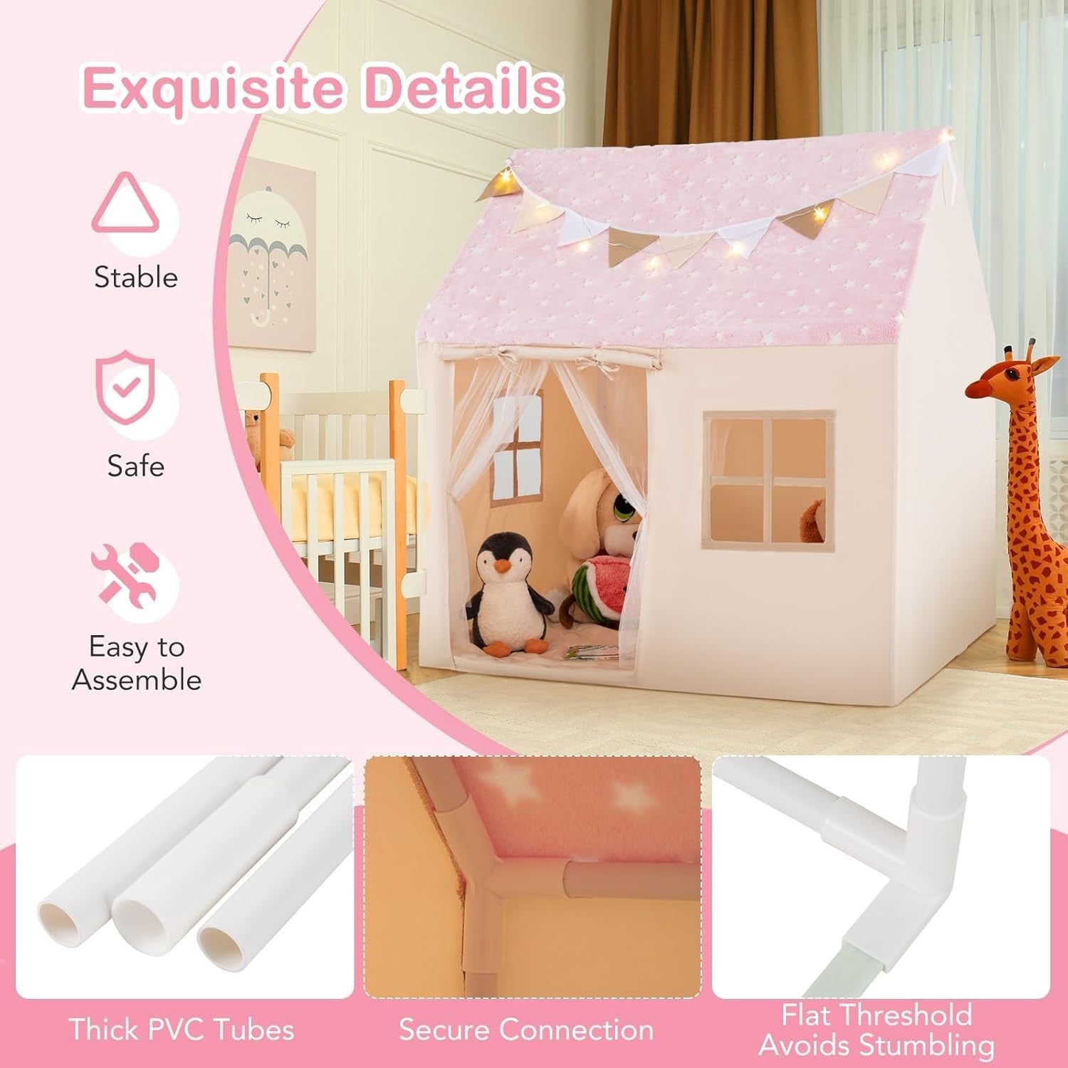 Glow in Dark Kids Castle Play Tent Indoor w Lights Mat Flags