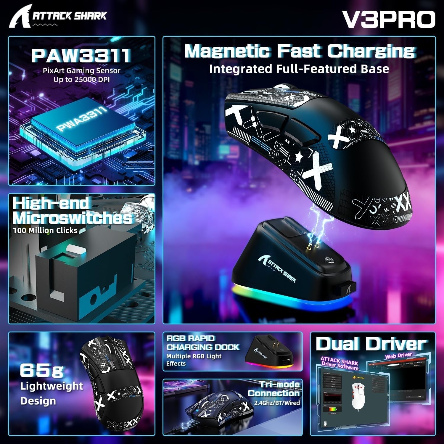 Wireless Gaming Mouse 25000 DPI Ultra-Light 65g RGB Dock 2.4G