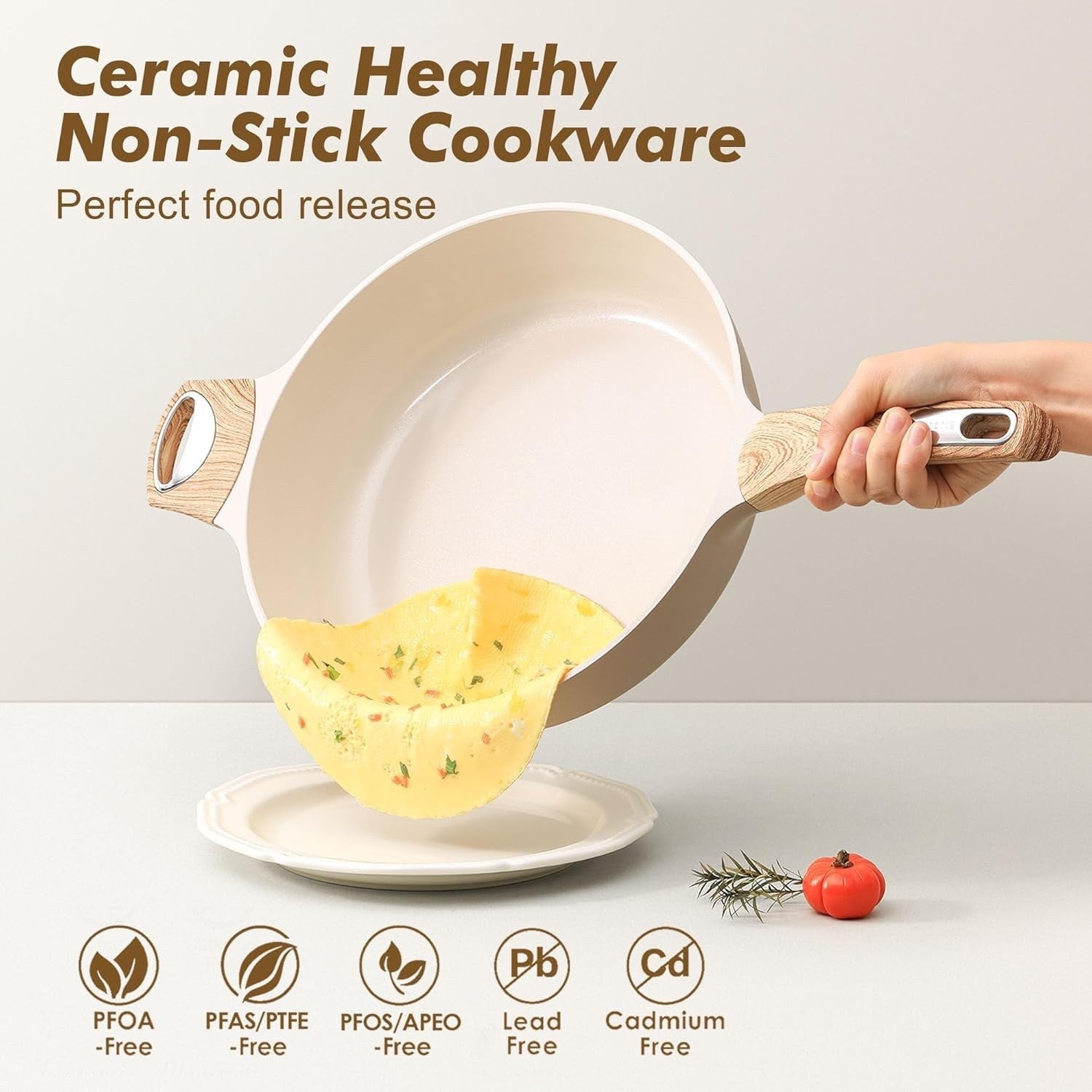 30cm Beige Deep Non Stick Saute Pan with Lid, 4.7L Skillet Induction Compatible