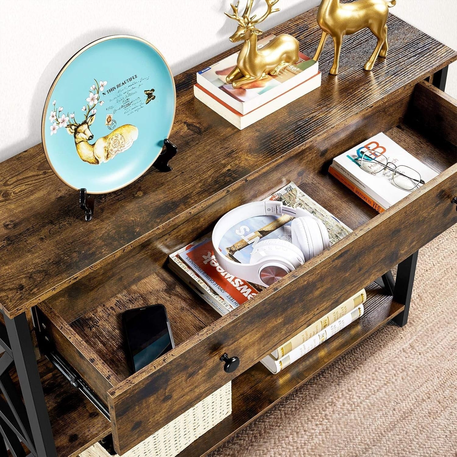 Rustic Console Table with Drawer & 2 Shelves, 100x29.5x81cm, Storage & Display
