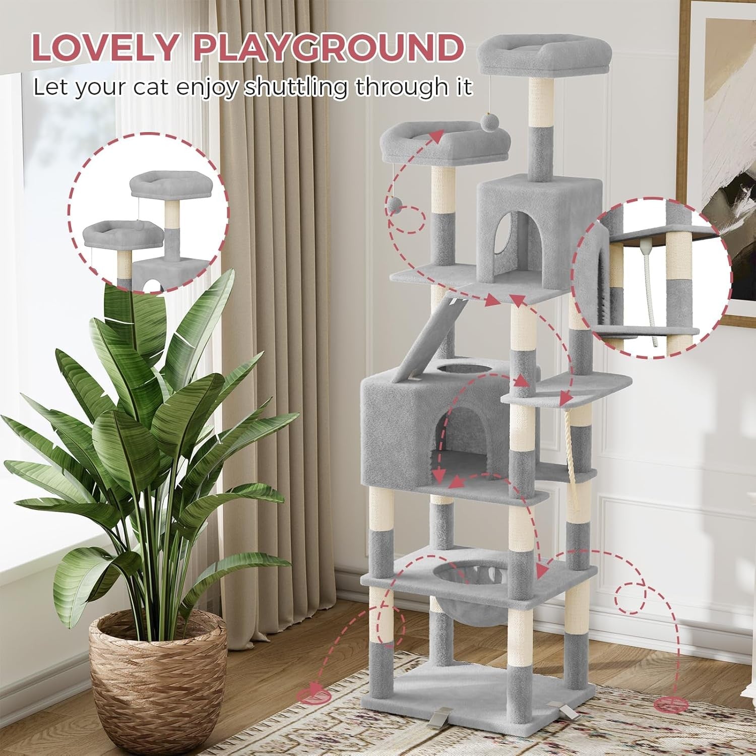 208cm Tall Cat Tree Tower Light Grey Anti-Tip Multi-Level Condo Scratcher
