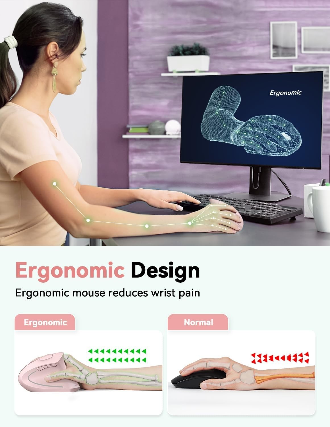 Ergonomic Vertical Wireless Mouse 4800 DPI Silent 6 Button Pink