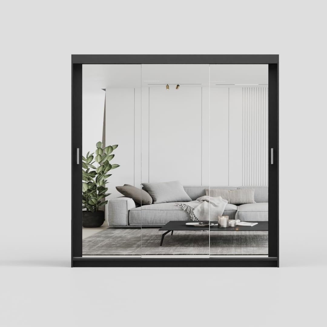 200cm Black Sliding Mirror Wardrobe 2 Drawers Modern Bedroom Storage