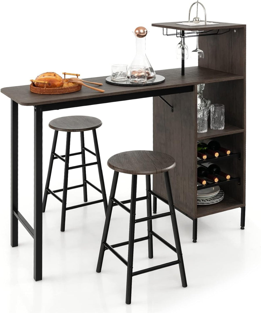 Brown Bar Table Set with Stools, Wine Rack, Glass Holders & Storage Shelves