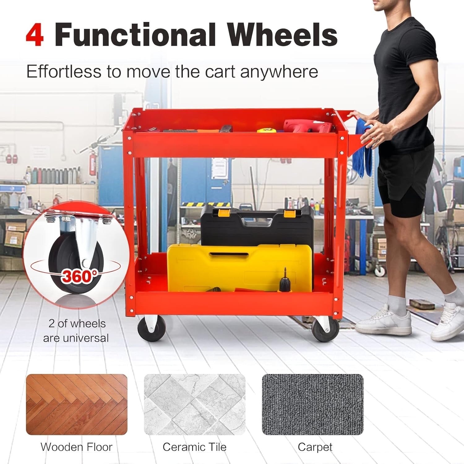 2 Tier Heavy Duty Rolling Utility Trolley Cart with Wheels Red