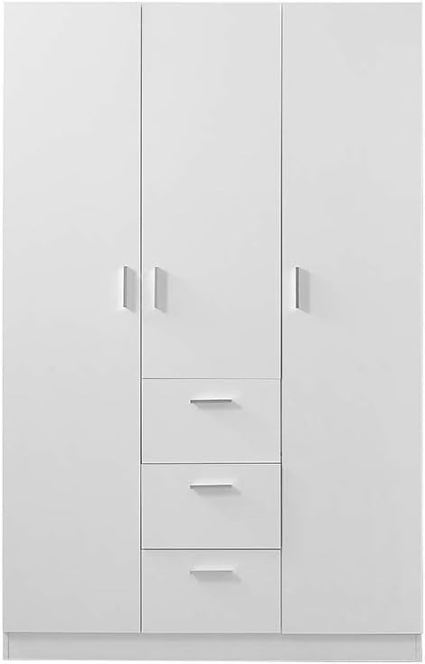 White 3 Door Wardrobe with 3 Drawers Solid Pine Wood Bedroom Storage
