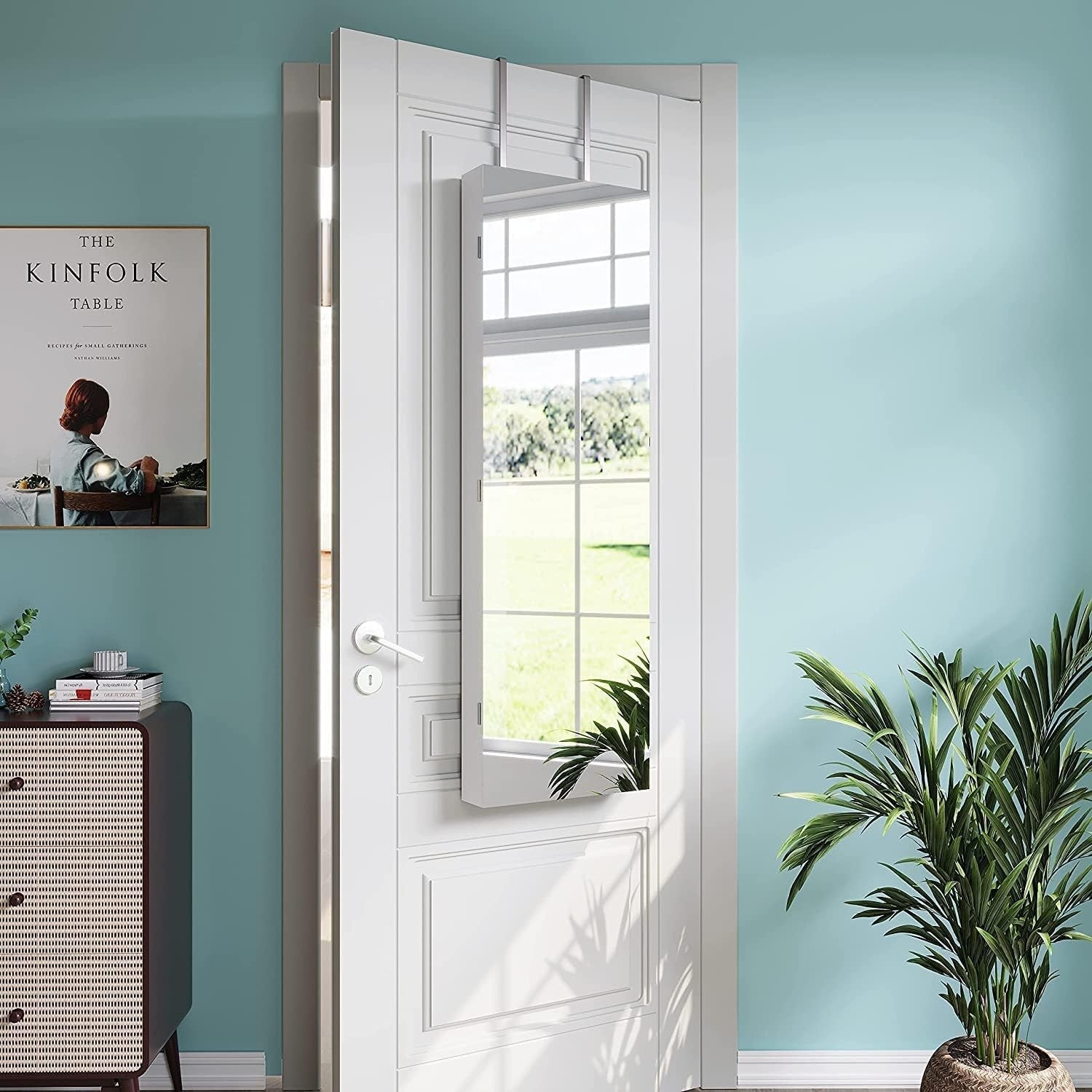 White Wall Mounted Jewelry Organizer Mirror Lockable Door Hanging Cabinet