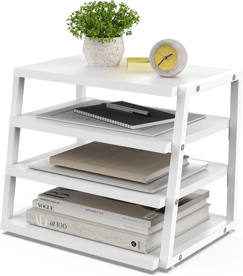 4 Tier Desk File Organizer A4 Paper Tray Wood Metal Office Shelf White