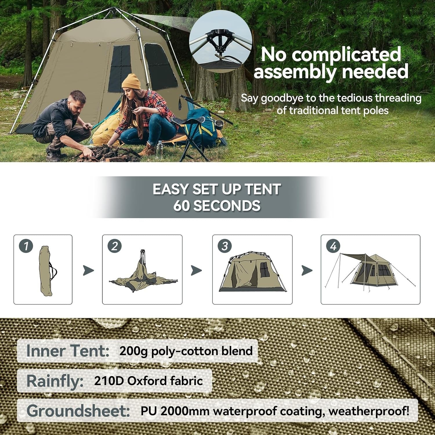 4 Person Pop Up Camping Tent Waterproof UV Dome w Sunshade