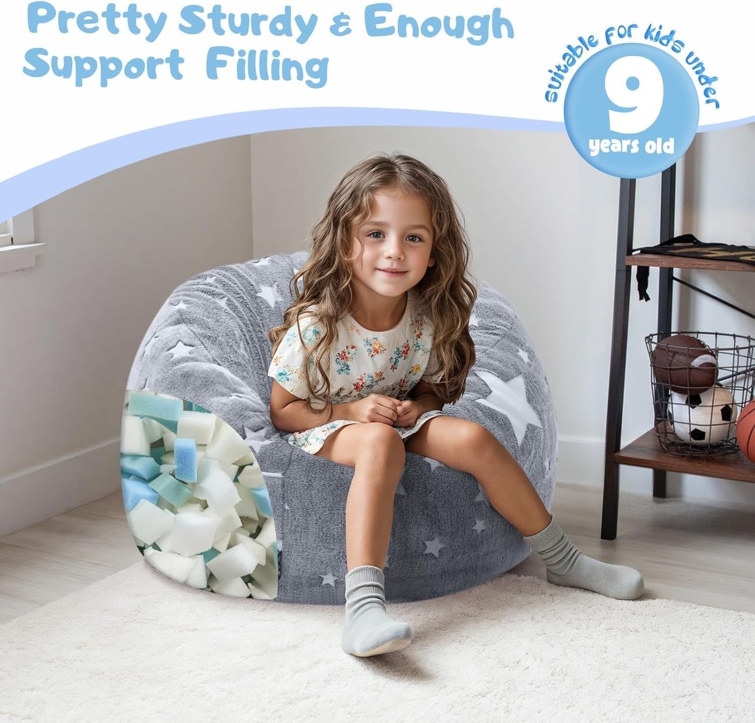 Kids Bean Bag Chair Bed Sofa Convertible Floor Mattress Grey Stars