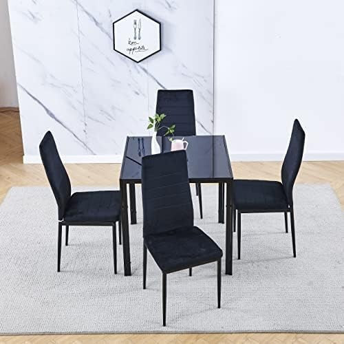 Square Glass Dining Table Set 4 Chairs Modern Space Saving Black Flannel