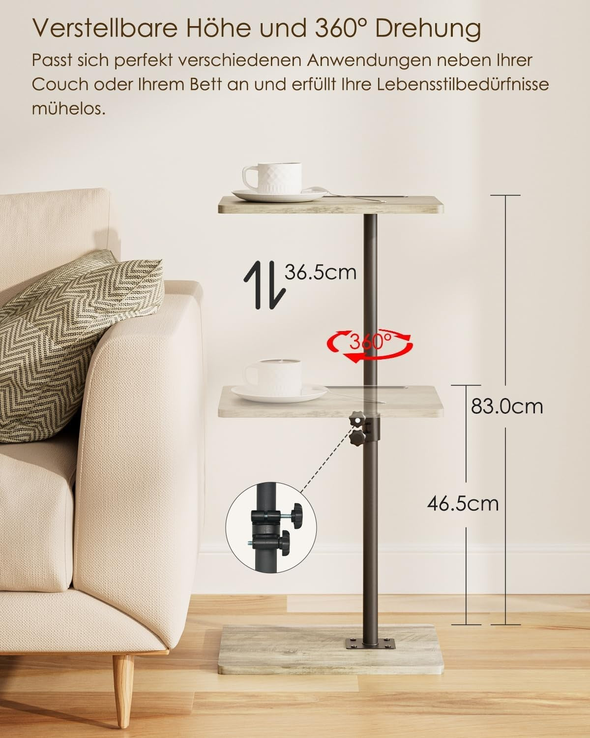 Adjustable C-Shaped Swivel Side Table 40x30x(45-81)cm Grey Coffee Tray