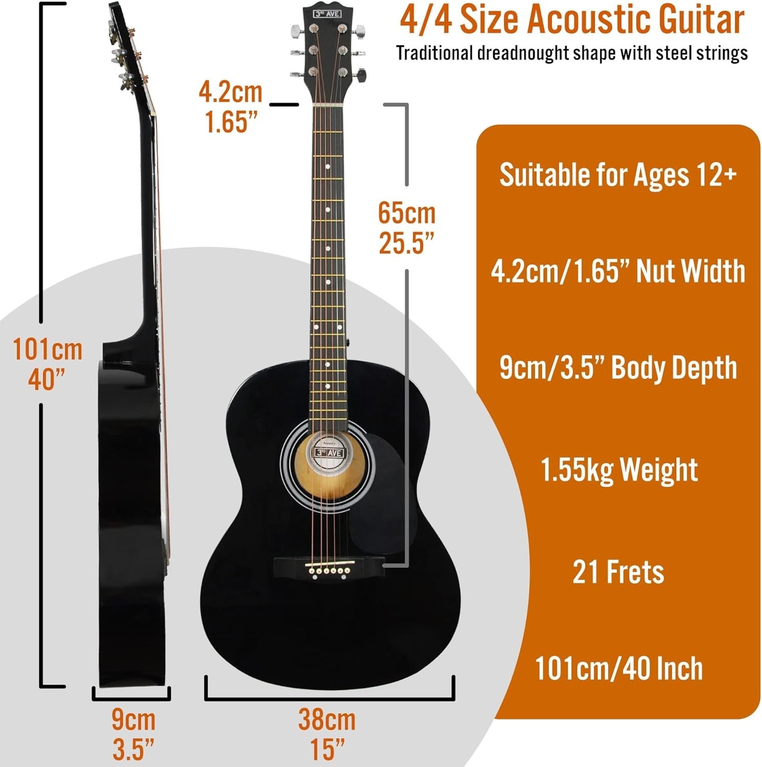 Full Size 4/4 Acoustic Guitar Starter Pack Steel String Black