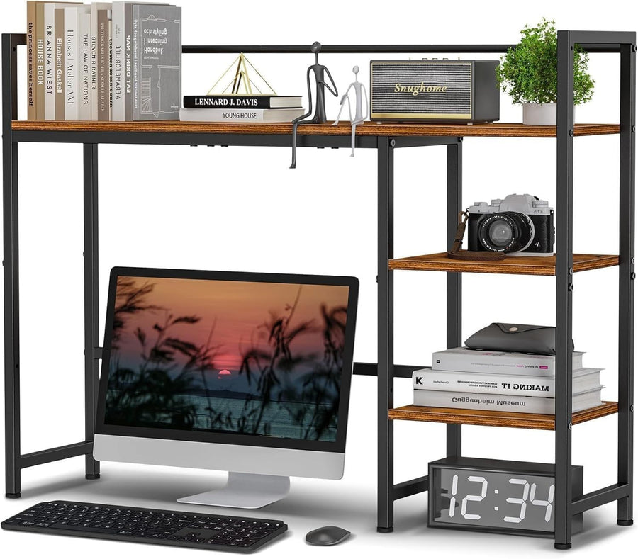 3-Tier Rustic Wood Metal Desktop Bookshelf Desk Hutch Monitor Stand Organizer