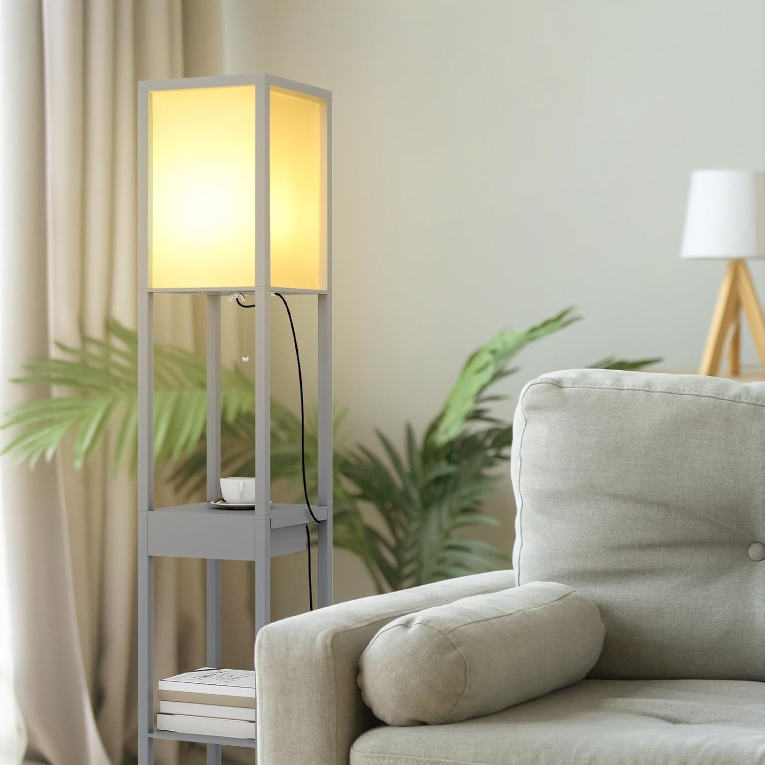 Floor Lamp with Shelves Storage LED Light USB Charging Drawer Modern Grey