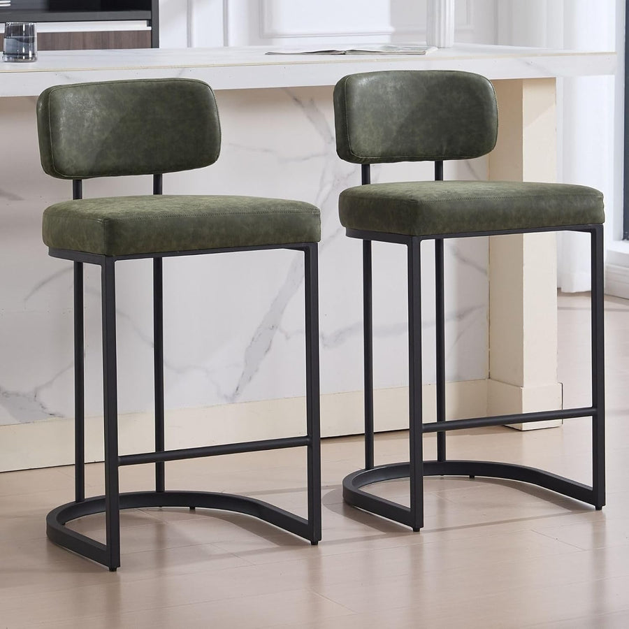 PU Leather Bar Stools Set of 2 Green Modern Counter Height Chairs