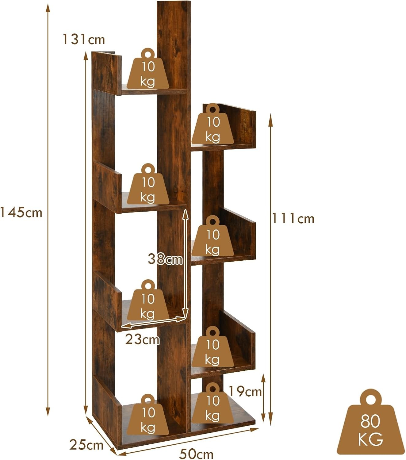 8-Tier Tree Bookshelf Free-Standing Storage Rack Modern Display Shelf Brown