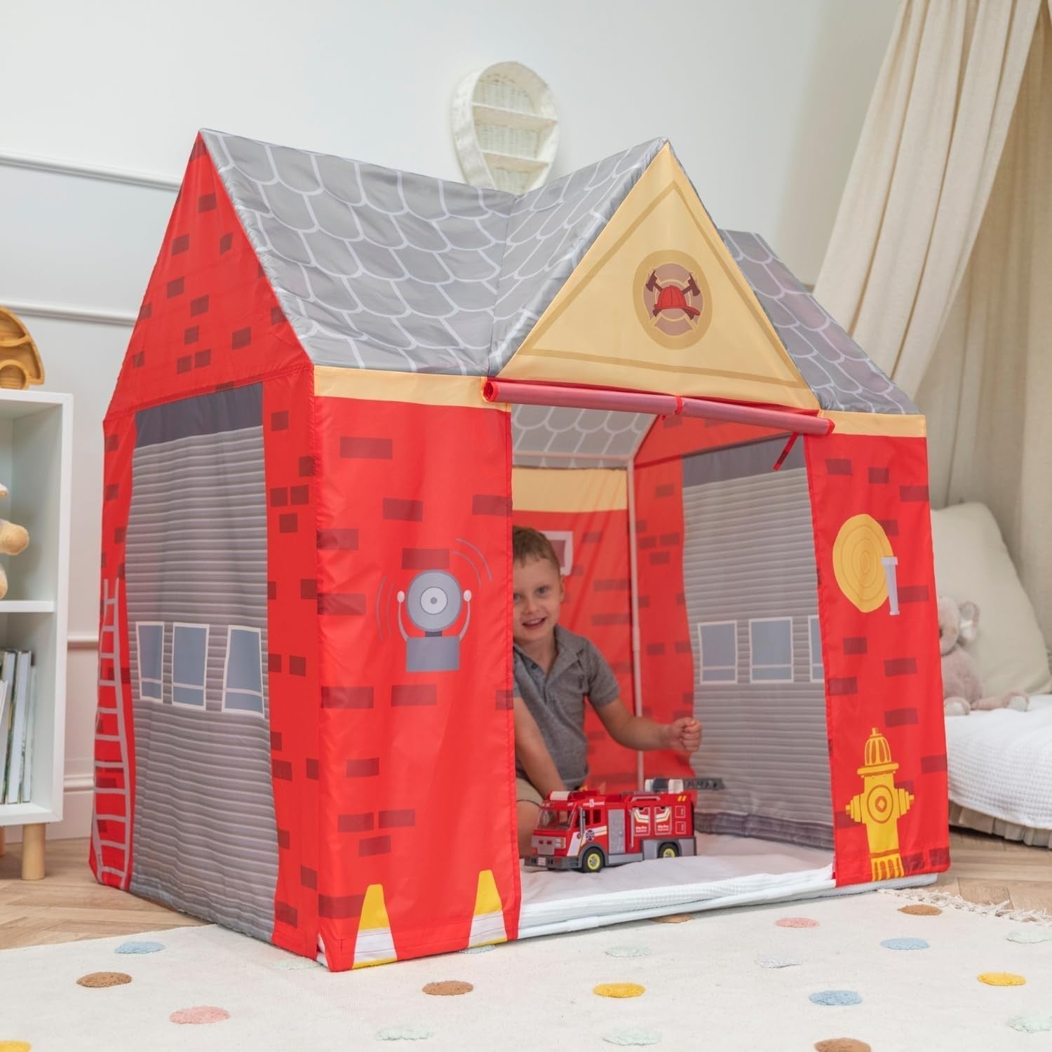 Kids Fire Station Play Tent Indoor Outdoor Fire Truck Playhouse