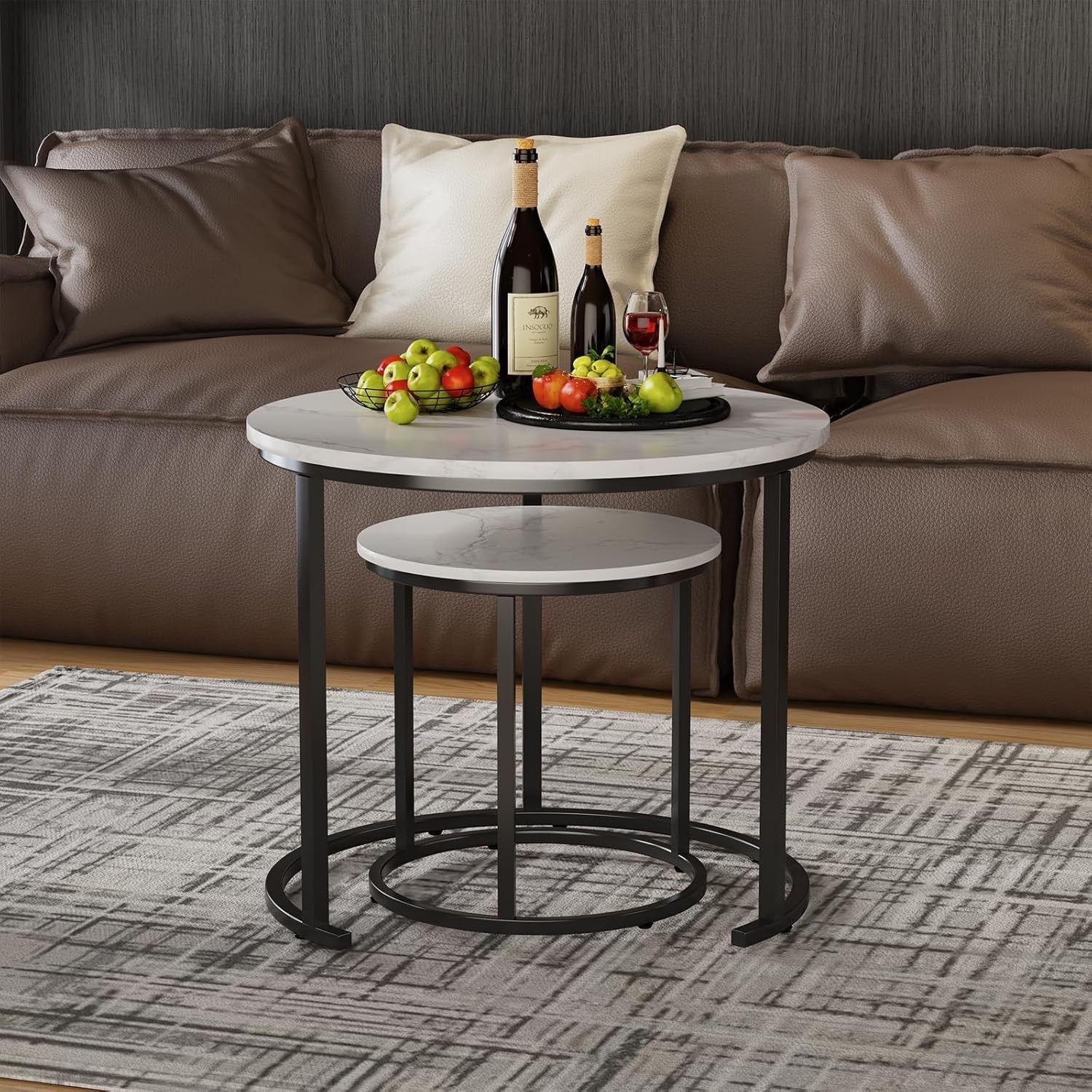 Black Nesting Coffee Tables Set of 2 Modern Round Side End Sofa Living Room
