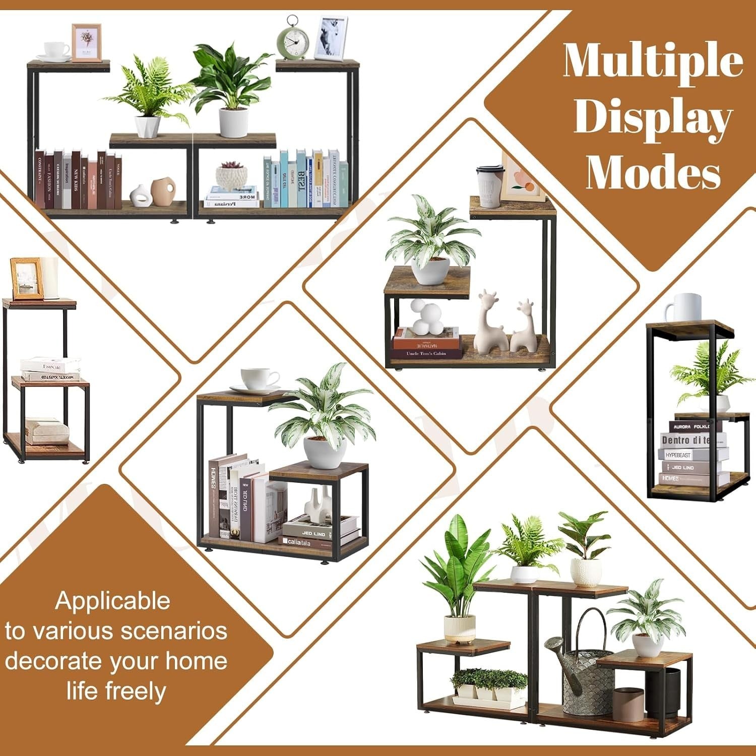 G-Shaped 3-Tier Side Table with Storage Metal Frame Rustic Brown Small Space