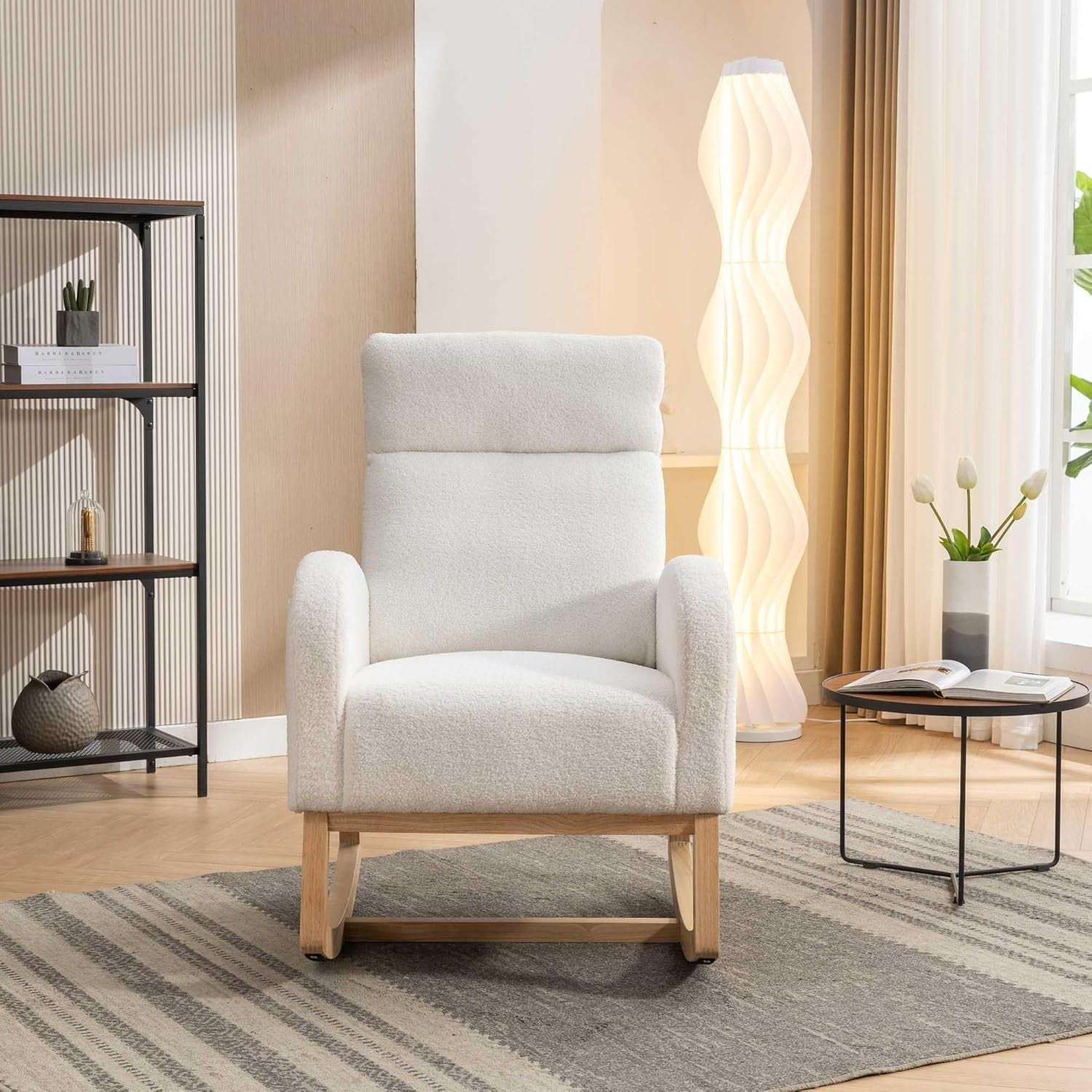 Modern Rocking Chair Teddy Fabric Foam Padded Armchair for Living Room
