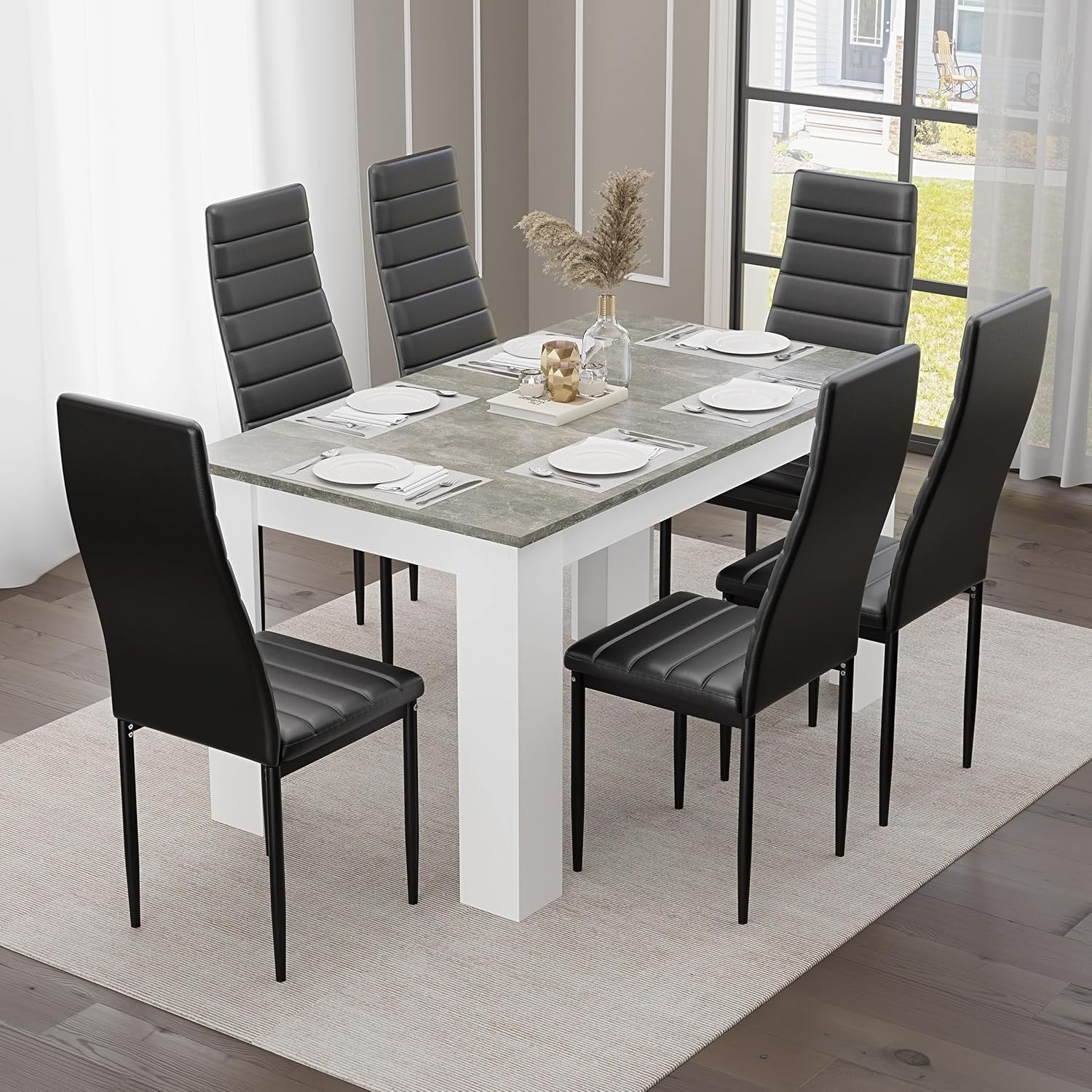 Modern Grey Marble Dining Table Set with 6 Black PU Leather Chairs 140x80cm