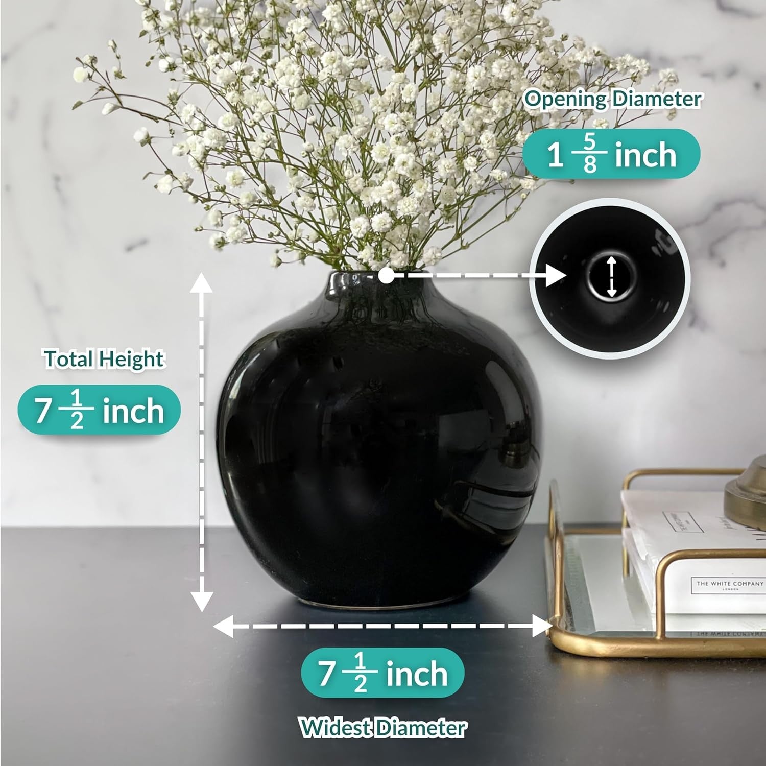 Black Ceramic Vase 7.5 Inch Glossy Porcelain Round Flower Centerpiece Decor