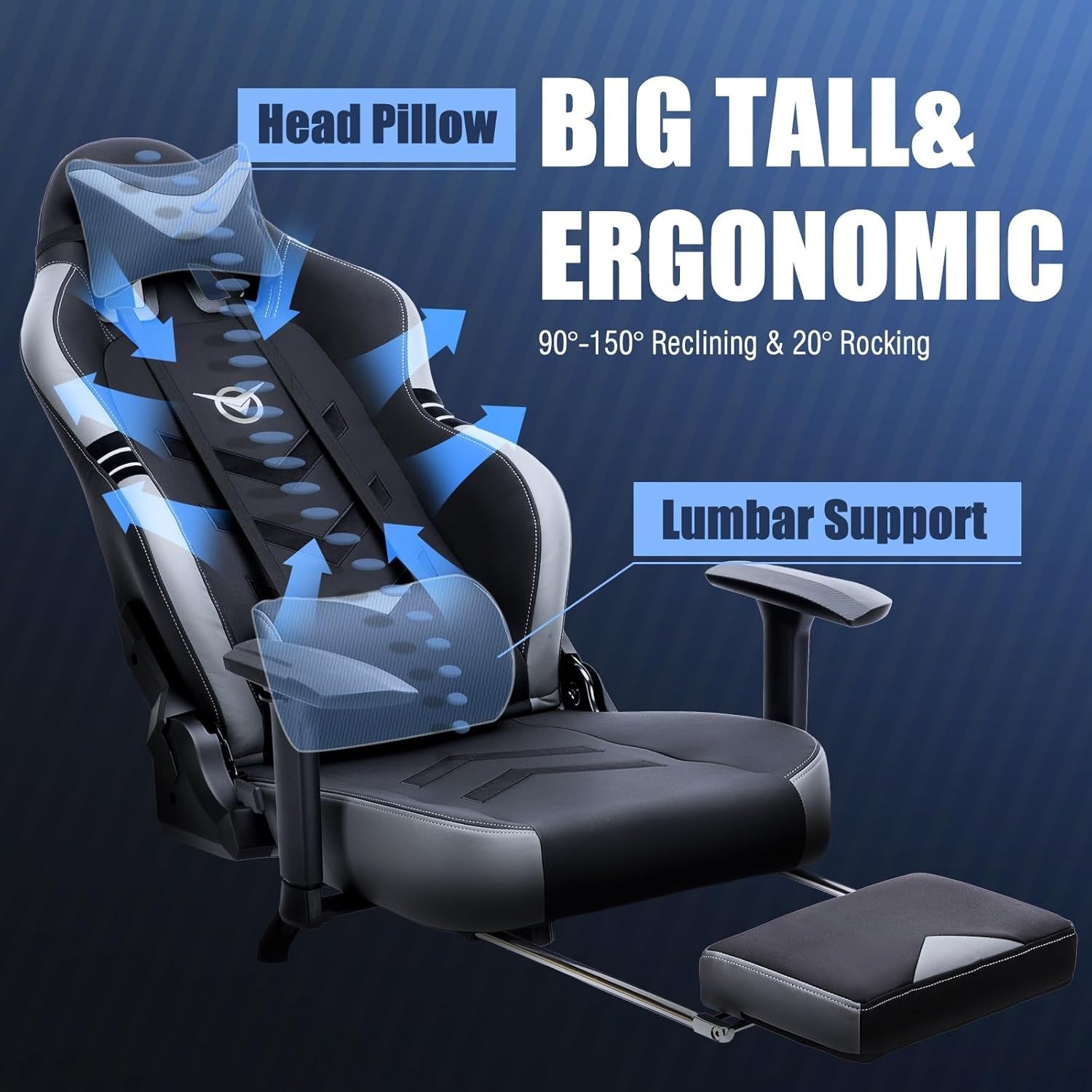 Big & Tall Gaming Chair 350lbs Reclining Ergonomic Office Seat Grey