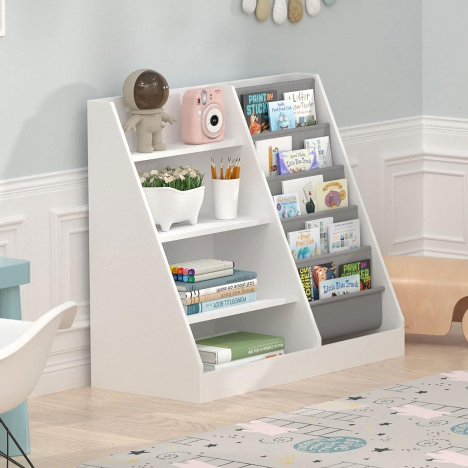 Kids Bookshelf with 5 Sling Pockets & 4 Shelves – Wooden Toy Organizer White