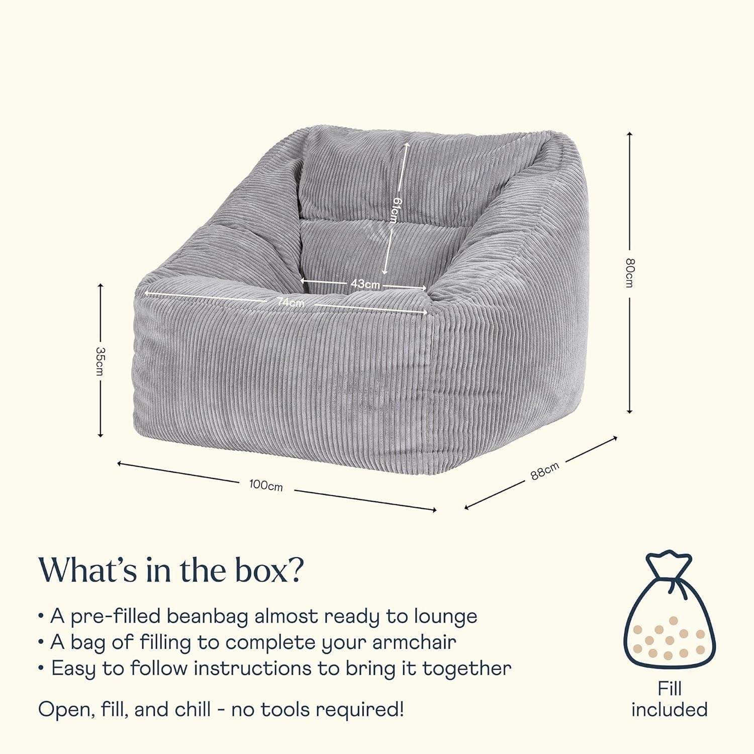 Grey Cord Bean Bag Chair Adult Lounge Sofa Seat for Gaming & Living Room