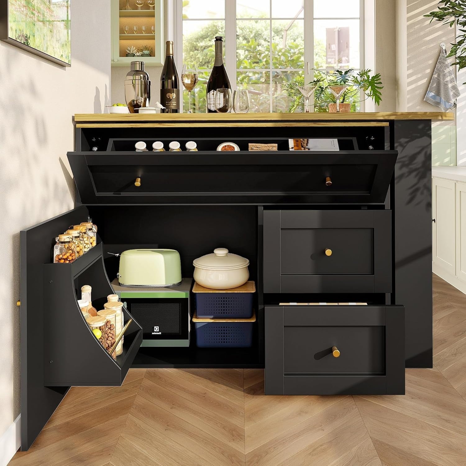 Extendable Kitchen Island Table with 360° Rotation, Storage & Flip Door