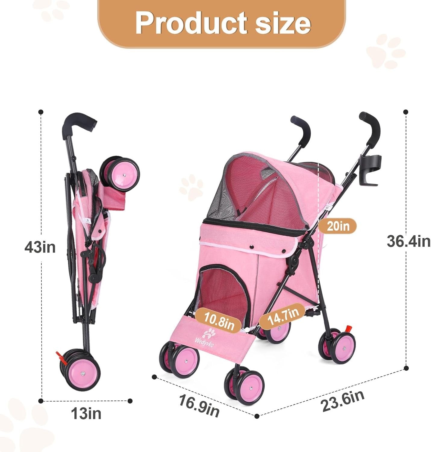 3 in 1 Pet Stroller Folding Dog Cat Pushchair 4 Wheel Travel Pram