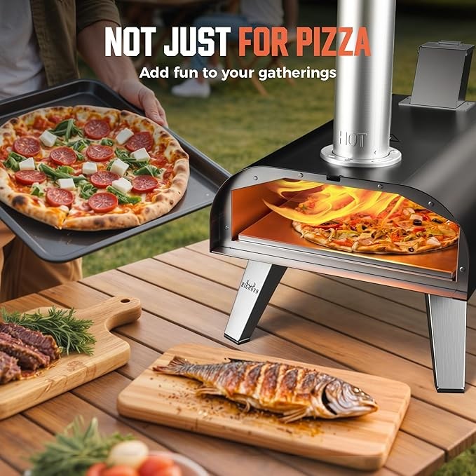 12" Outdoor Wood Fired Pizza Oven – Black Stainless Steel Pellet Pizza Maker