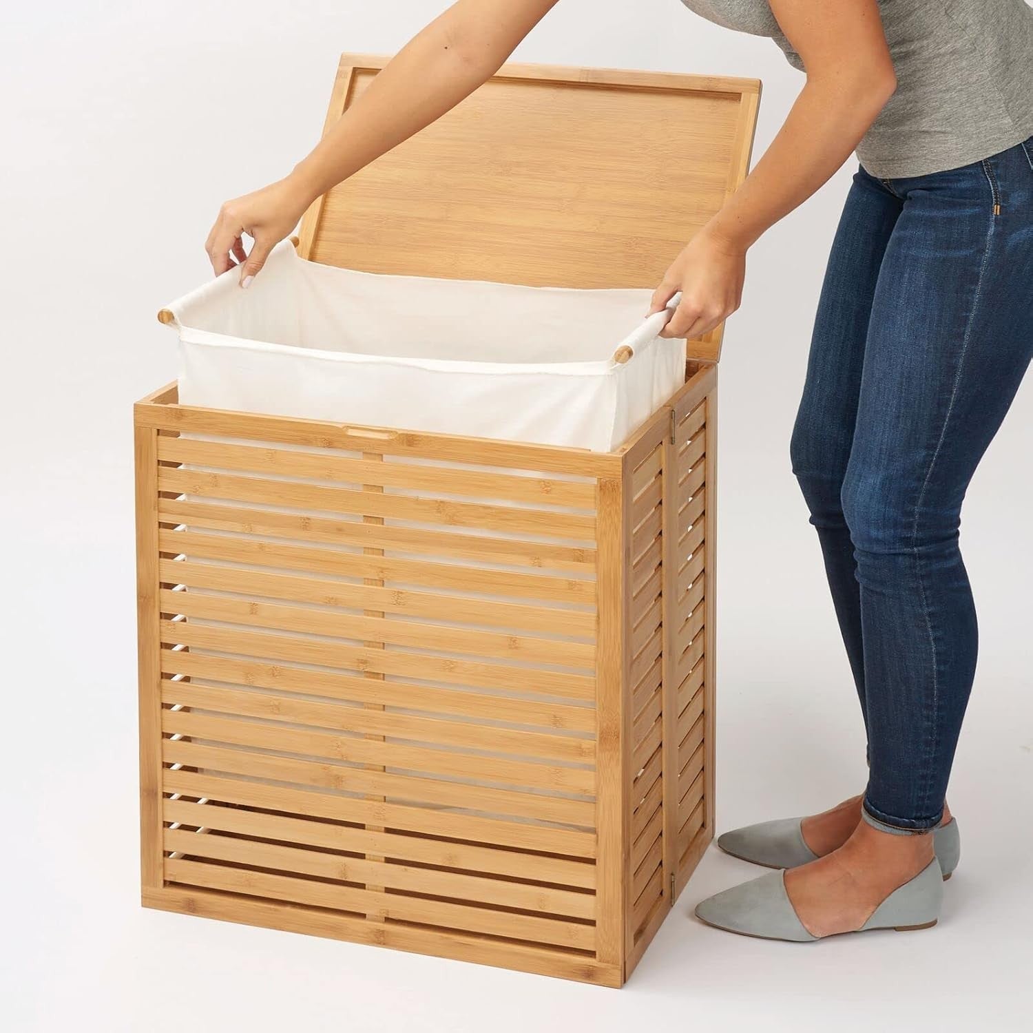 Natural Bamboo Laundry Hamper with Lid & Removable Liner | Foldable Storage Bask
