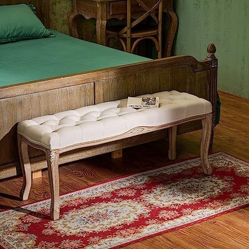 French Vintage Upholstered Ottoman Bench 112cm Padded Seat Footstool Beige