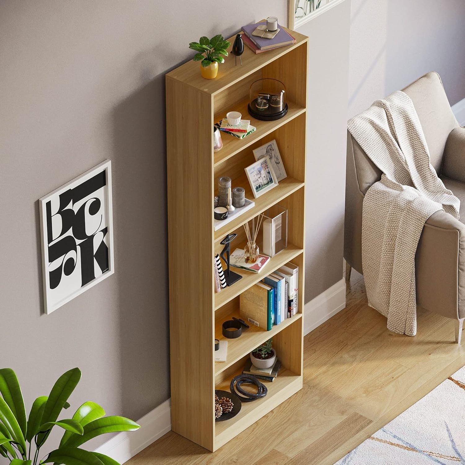 5 Tier Oak Wooden Bookcase Modern Storage Display Shelf for Living Room
