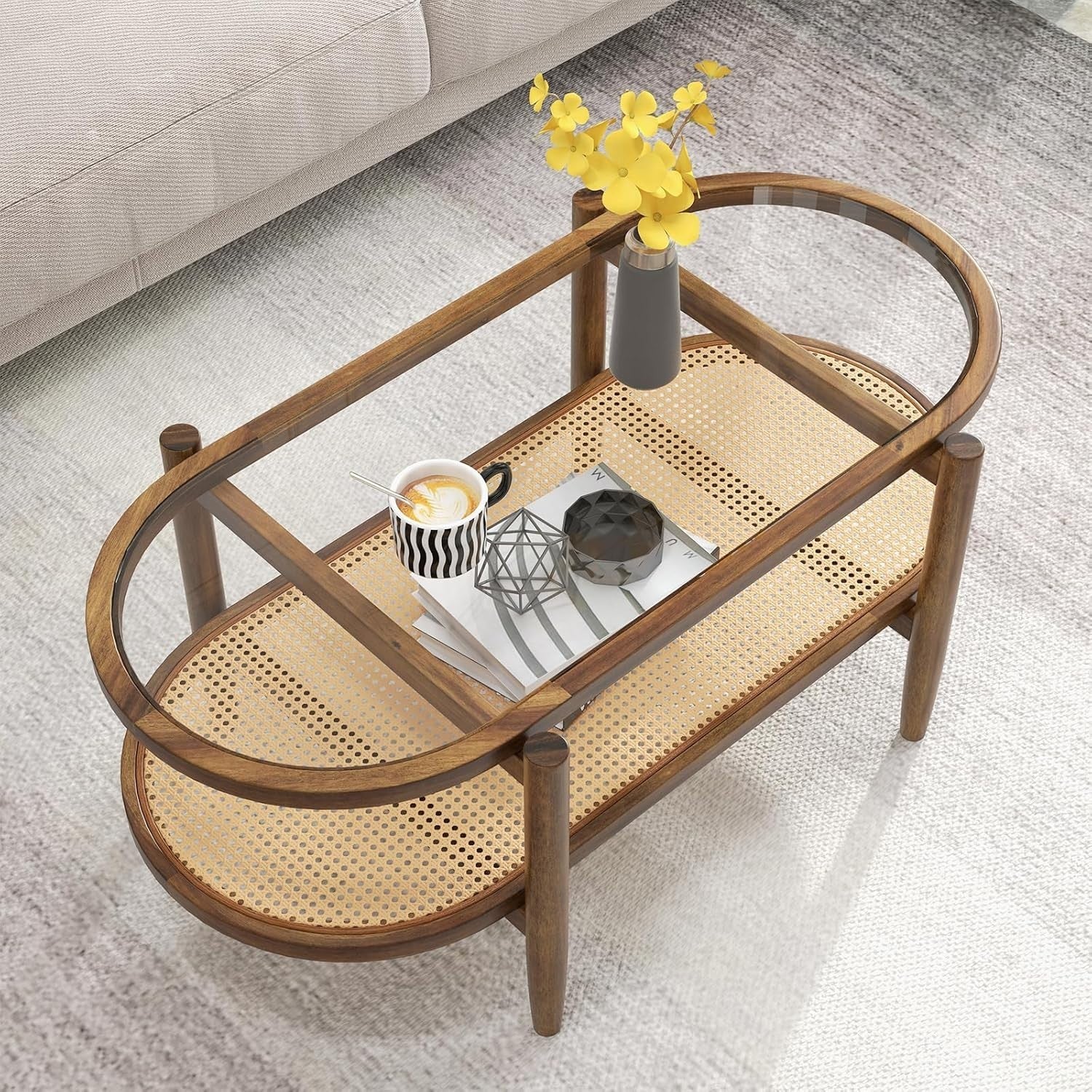Glass Coffee Table with Rattan Shelf, 2-Tier Wood Frame, 102x56x46cm