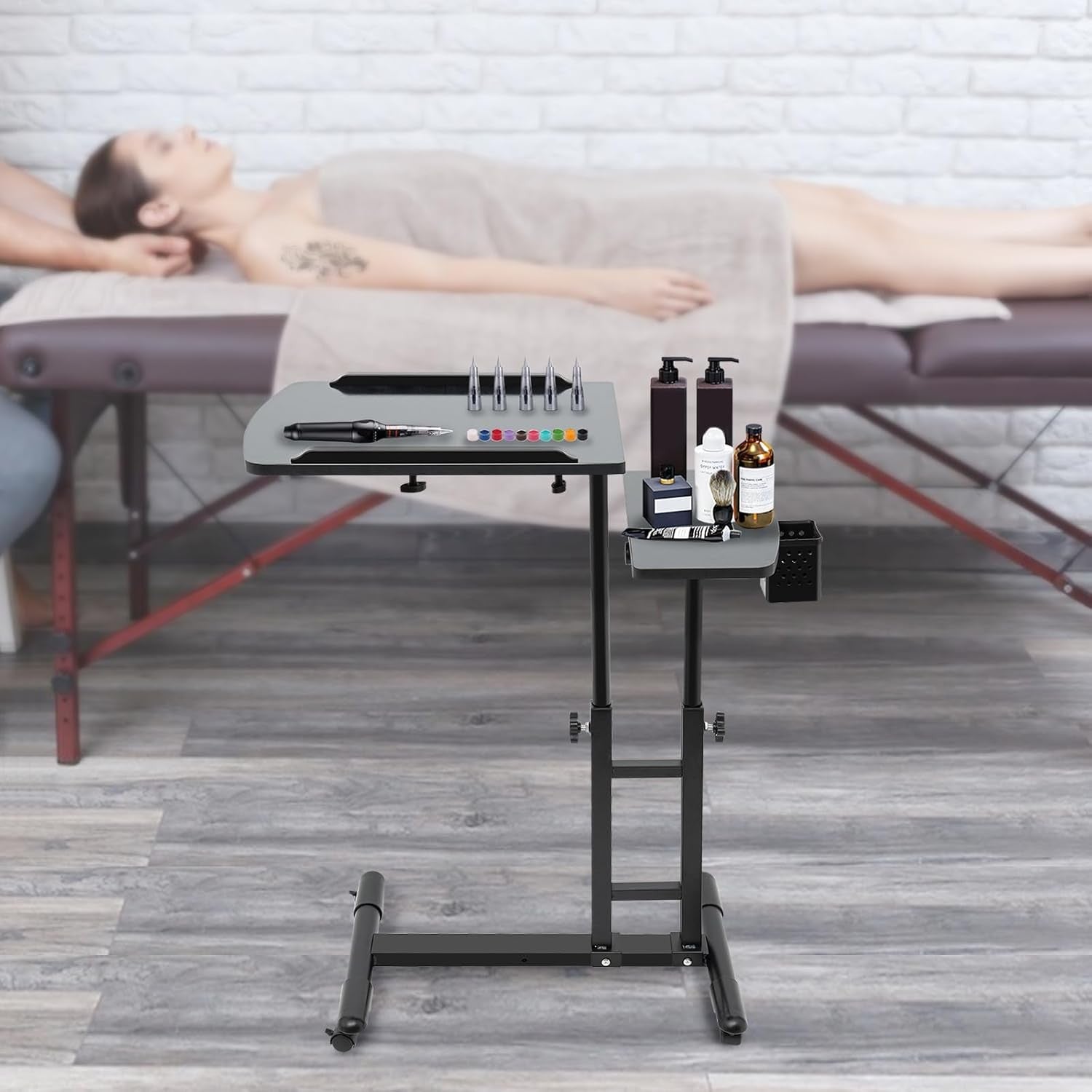 Professional Tattoo Workstation Rolling Tray Table Adjustable Double Tier