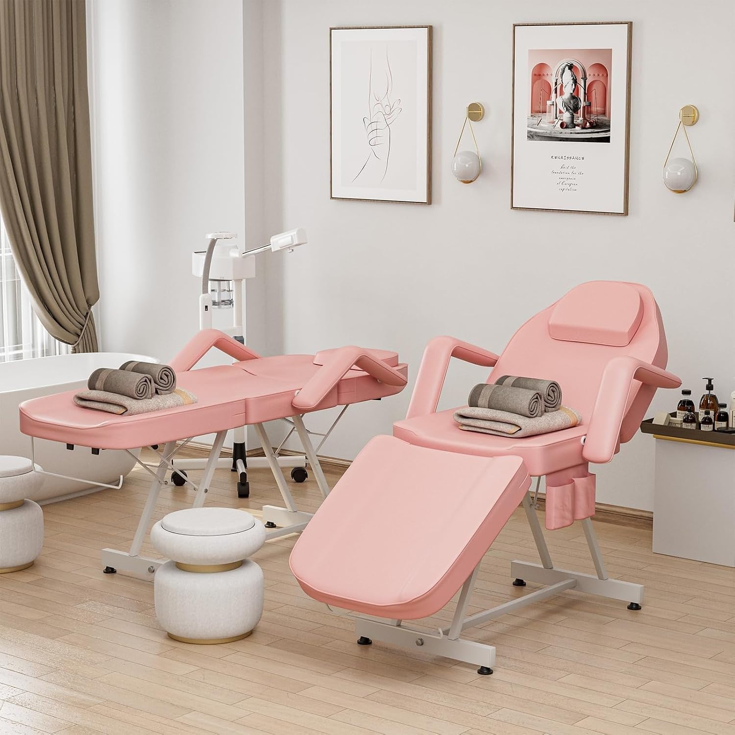 Adjustable 3-Section Beauty Massage Bed w/ Hydraulic Stool & Headrest Pink