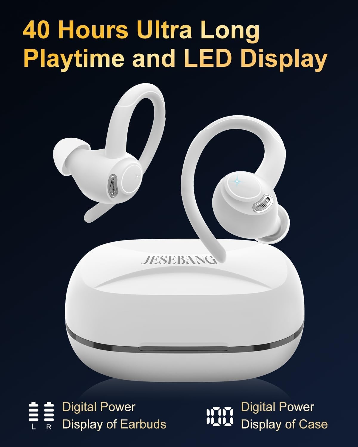 White Bluetooth 5.3 Earbuds ENC Mic 40H LED Display Sport IP7