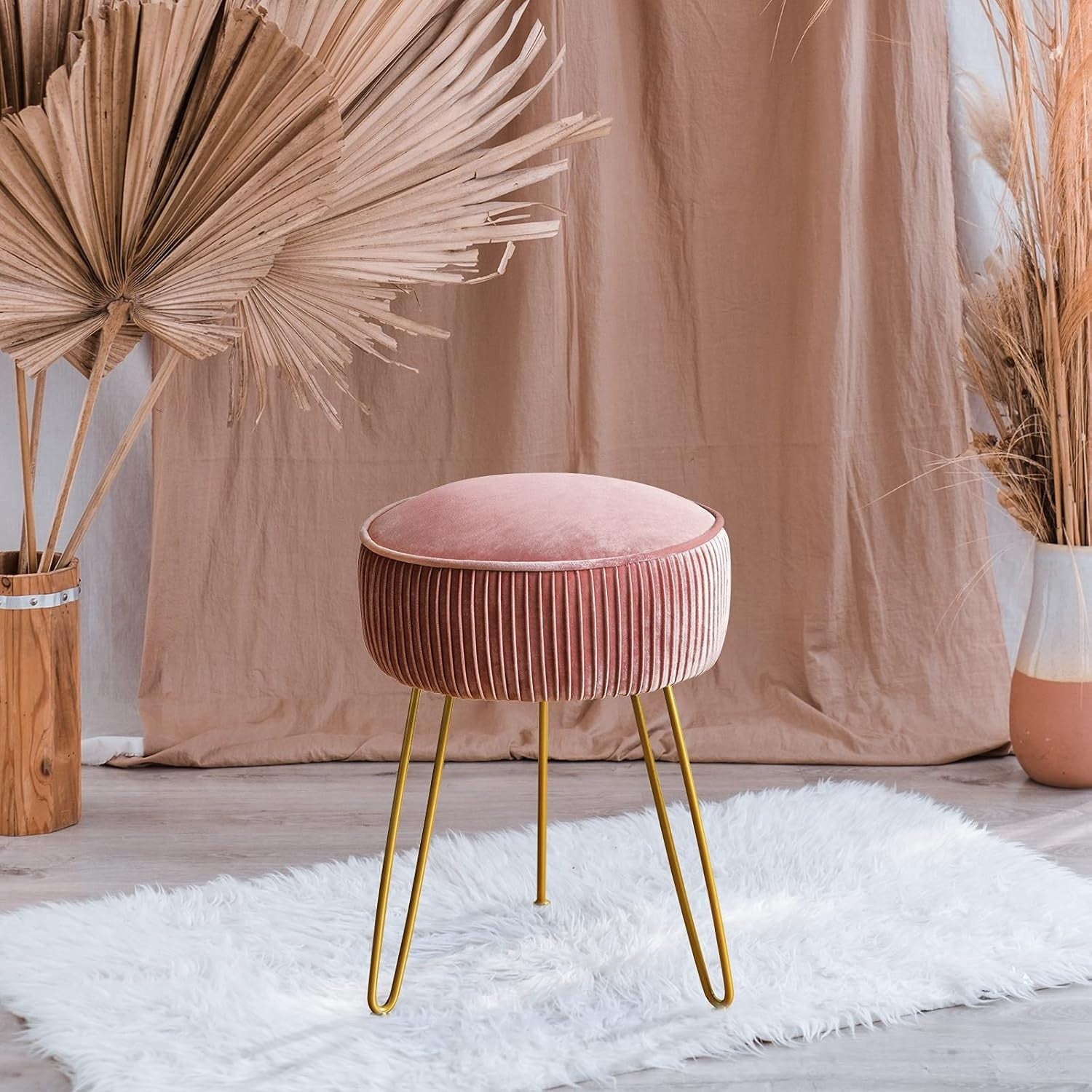 Pink Velvet Pleated Vanity Stool Round Ottoman with Gold Metal Legs